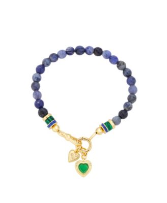 Semi Precious Stone Gold-Tone Plated Heart Charm Stretch Bracelet