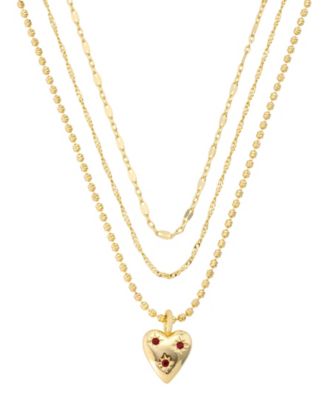 Crystal Gold-Tone Plated Ruby Heart Pendant Trio Necklace Set