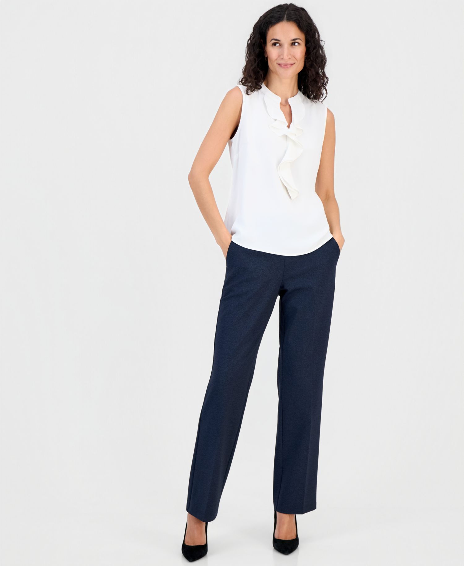 Women's Ruffled Split-Neck Sleeveless Blouse
