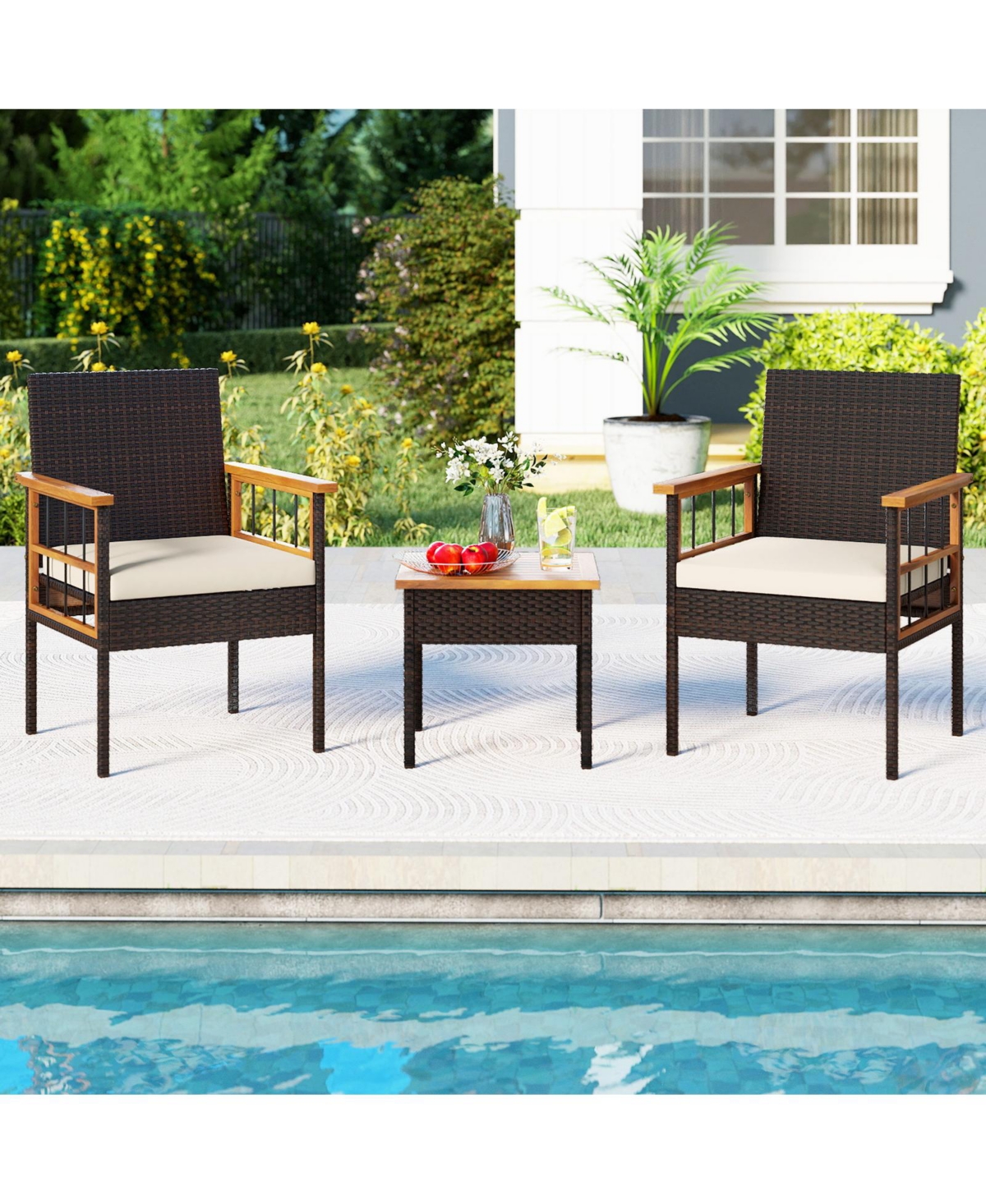 Outdoor Wicker Bistro Set 3 Piece with Acacia Tabletop