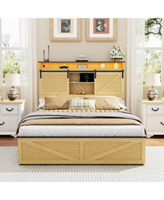 Farmhouse Full Size Bed Frame with Storage Headboard and Drawers