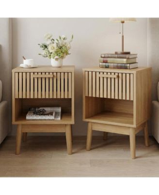Boho Nightstand with Drawer Set of 2, Modern Compact Wood Side Table with Open Storage Shelf, Small End Table for Bedroom, Living Room and Dorm