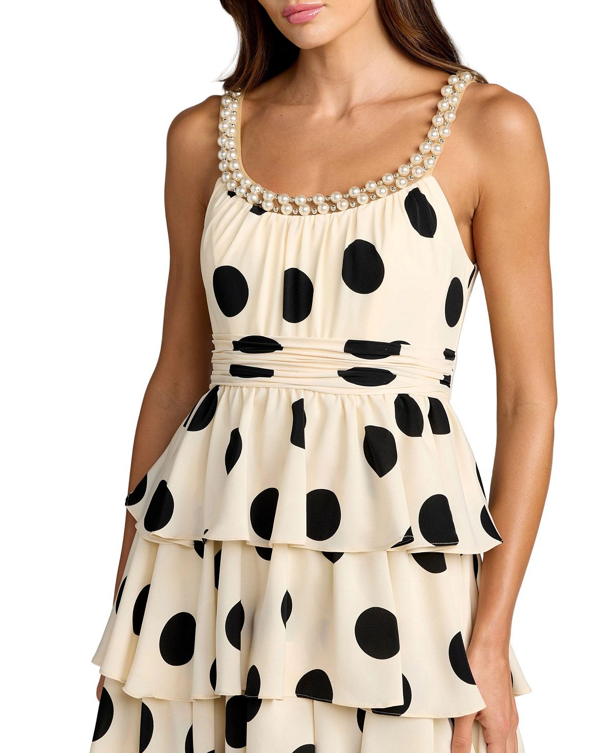 Mac Duggal Women's Polka Dot Charmeuse Scoop Neck Ruffle Midi Dress view 3 — MAYCSS fashion products
