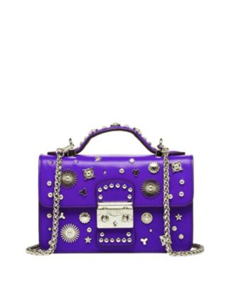 Women's Royal Leather Studded Mini Crossbody Bag Structured Top Handle Satchel with Buckle Closure