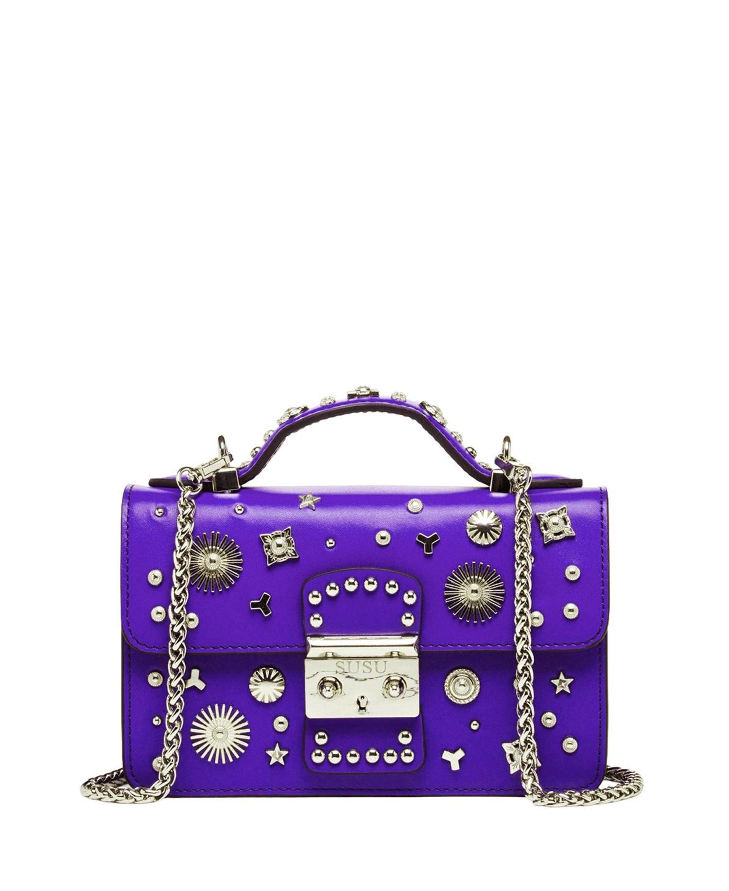 Women's Royal Leather Studded Mini Crossbody Bag Structured Top Handle Satchel with Buckle Closure