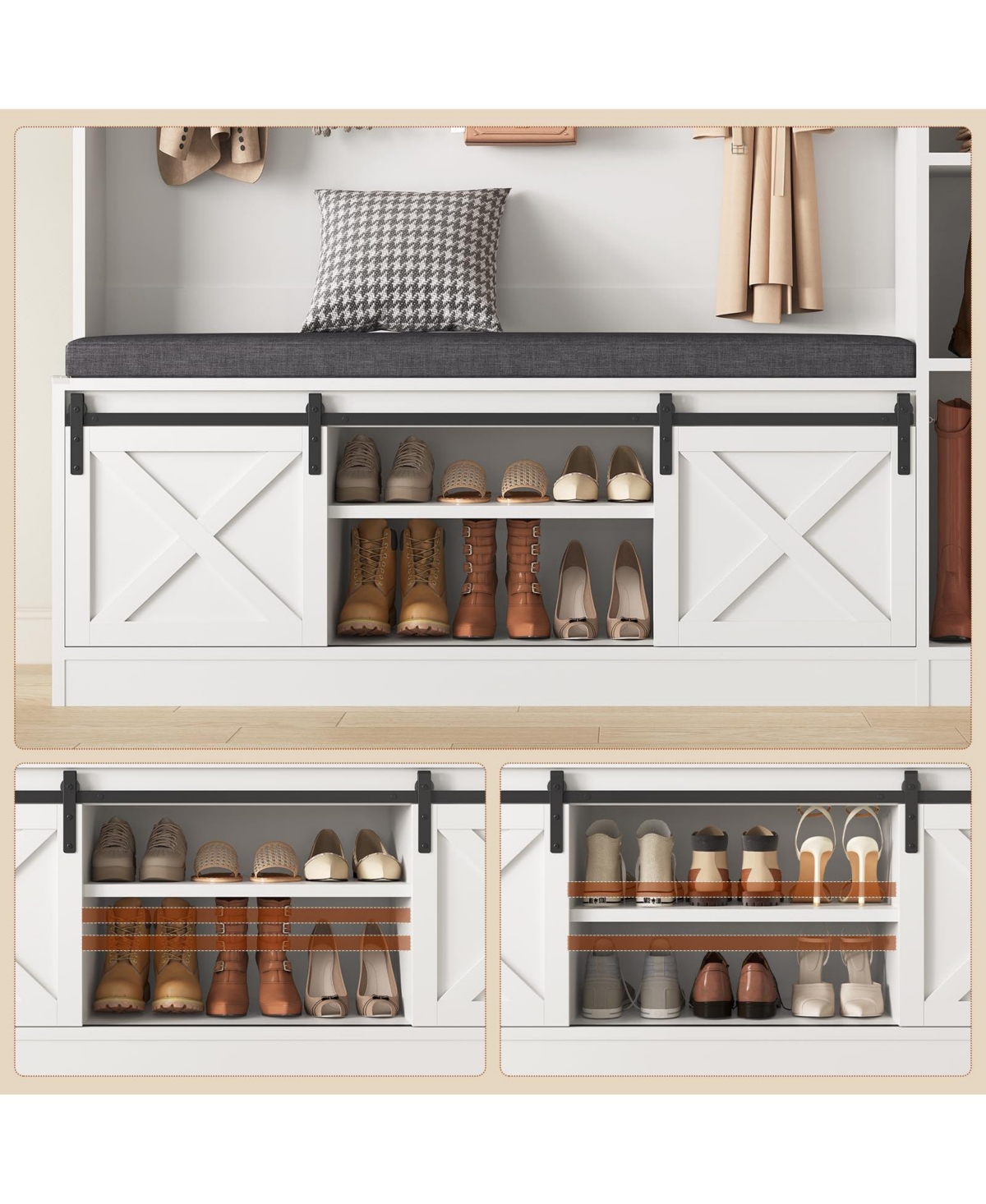 Yigii Hall Tree Bench Shoe Storage Coat Rack Farmhouse Barn Door 4in1 Cushioned Stool Hooks