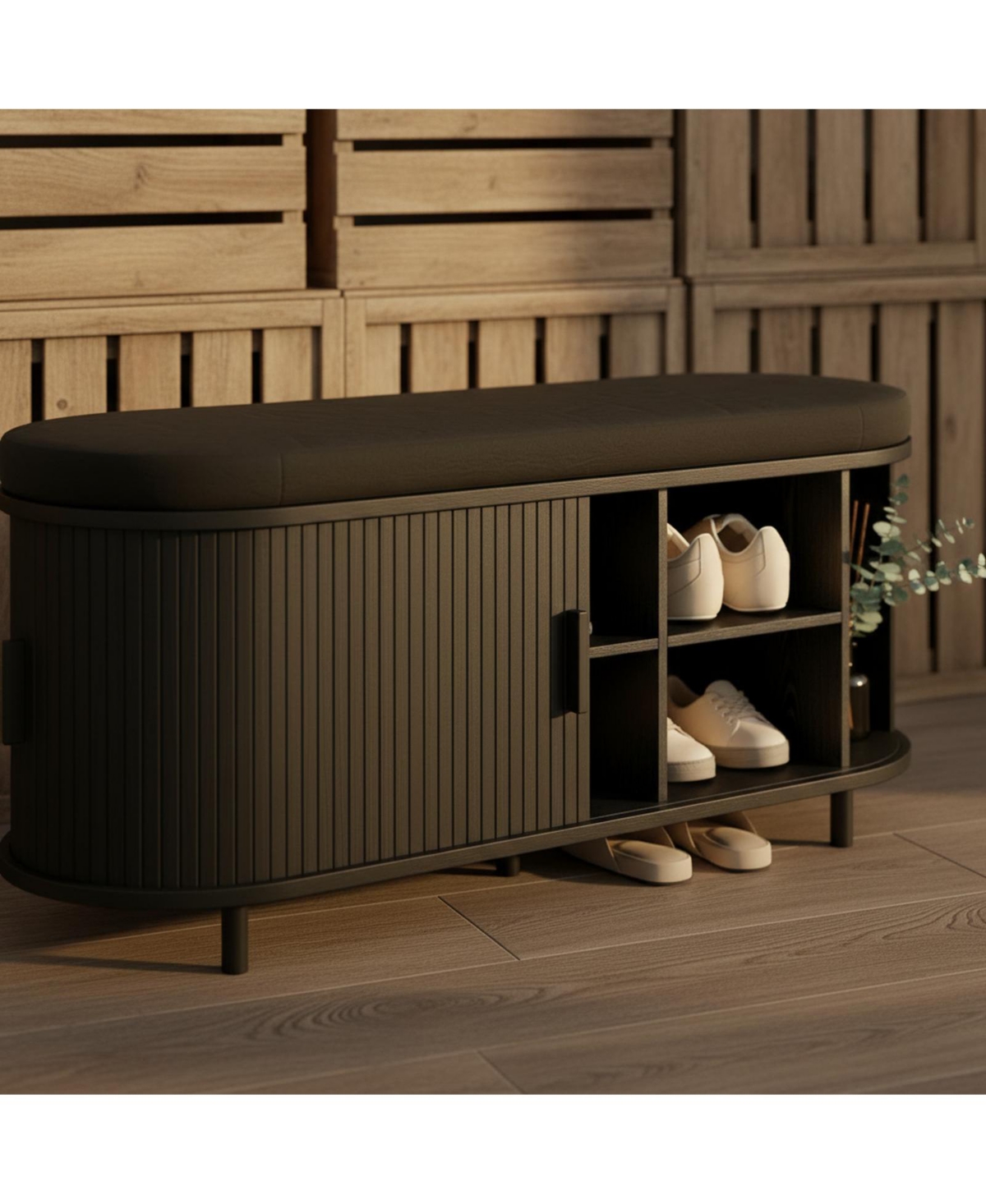 Yigii 43" Shoe Bench Storage Sliding Door Adjustable Shelf Fluted Cushion Entryway Hallway Living Room