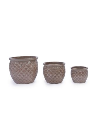 Handmade Glazed Ceramic Planter Set of 3, 15/13/9 Inch Diameter, Ring Pattern, Breathable Clay