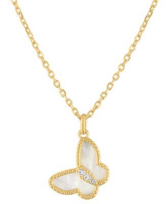 Simulated Pearl & White Topaz Butterfly Pendant Necklace in 14k Gold over Sterling Silver