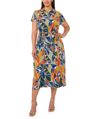 Plus Size Belted Collared Short-Sleeve Midi Dress