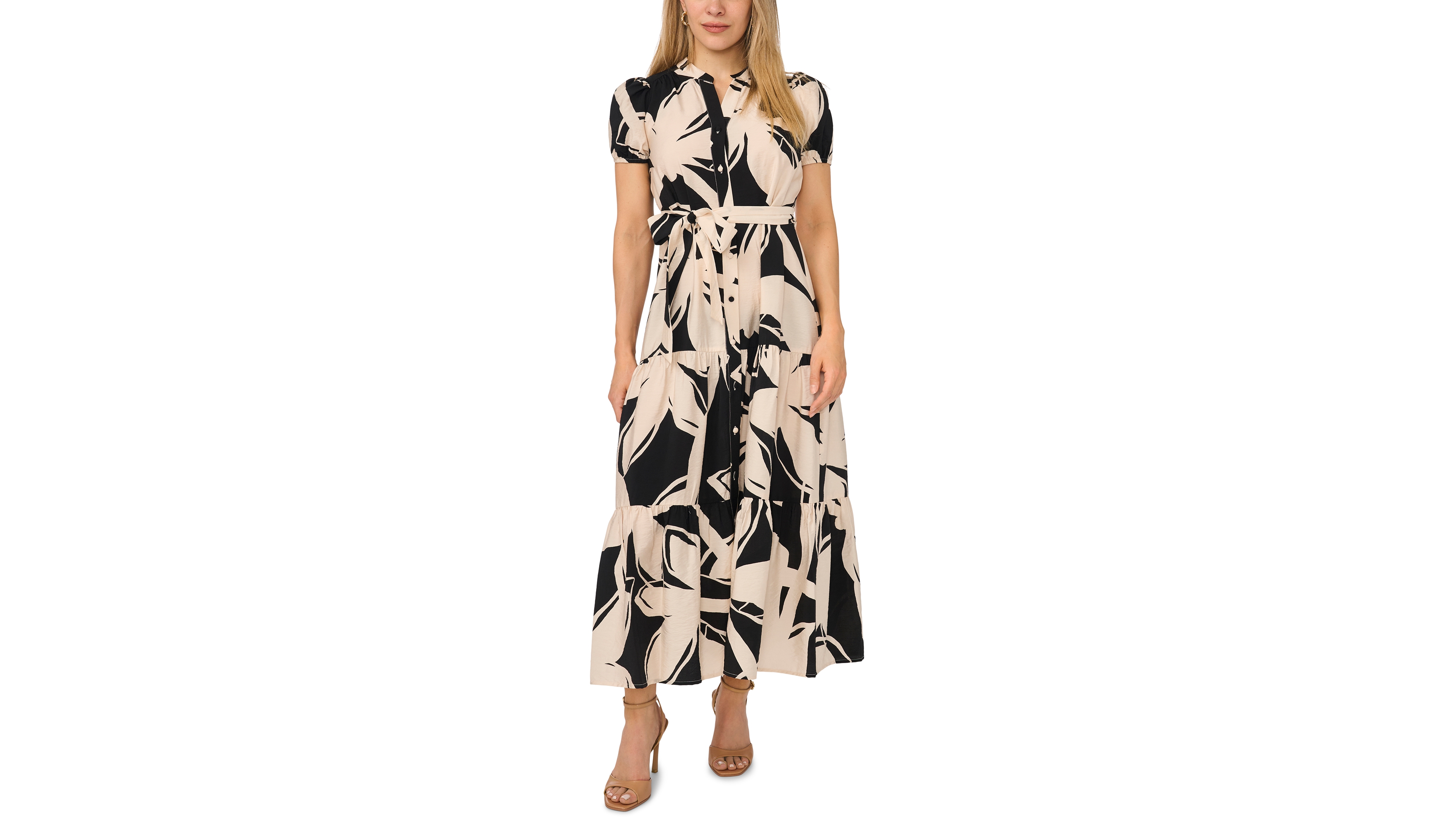 Msk Petite Split Neck Belted Tiered Maxi Dress