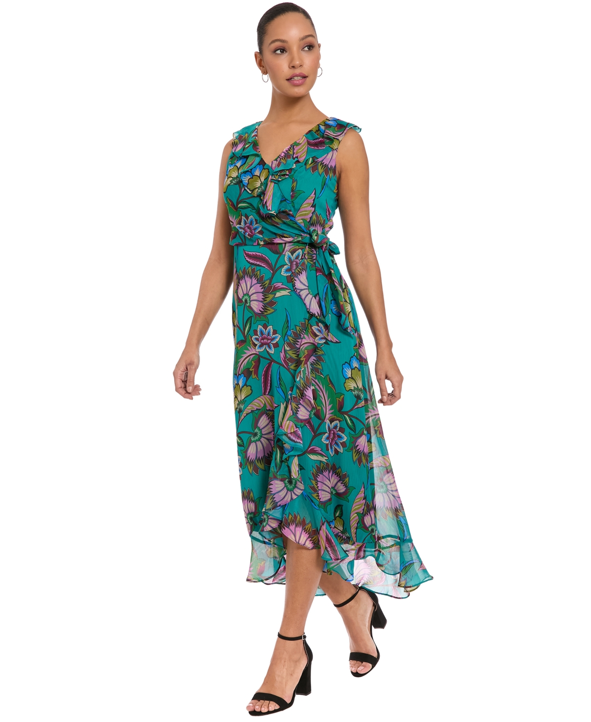 London Times Women's V-Neck High-Low Dress