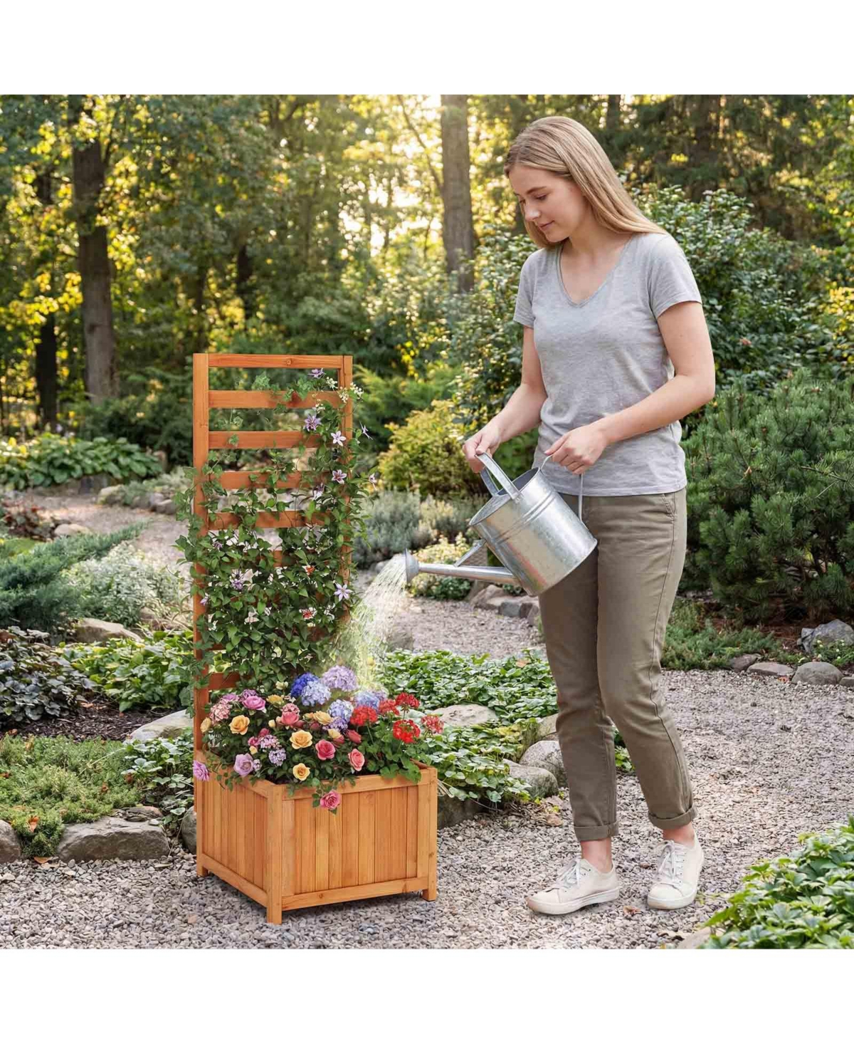 Sugift 48 Inch Wood Raised Garden Bed with Trellis with Drainage Holes