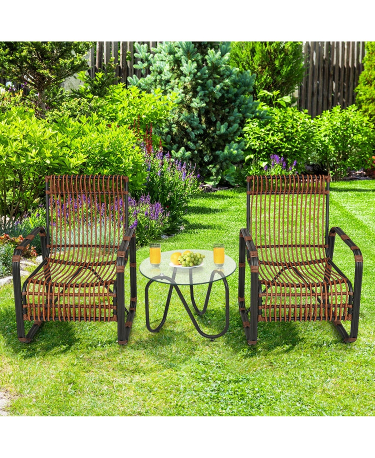 Clihome 3 Pieces Patio Rattan Furniture Set with 2 Wicker Chairs and Glass Side Table