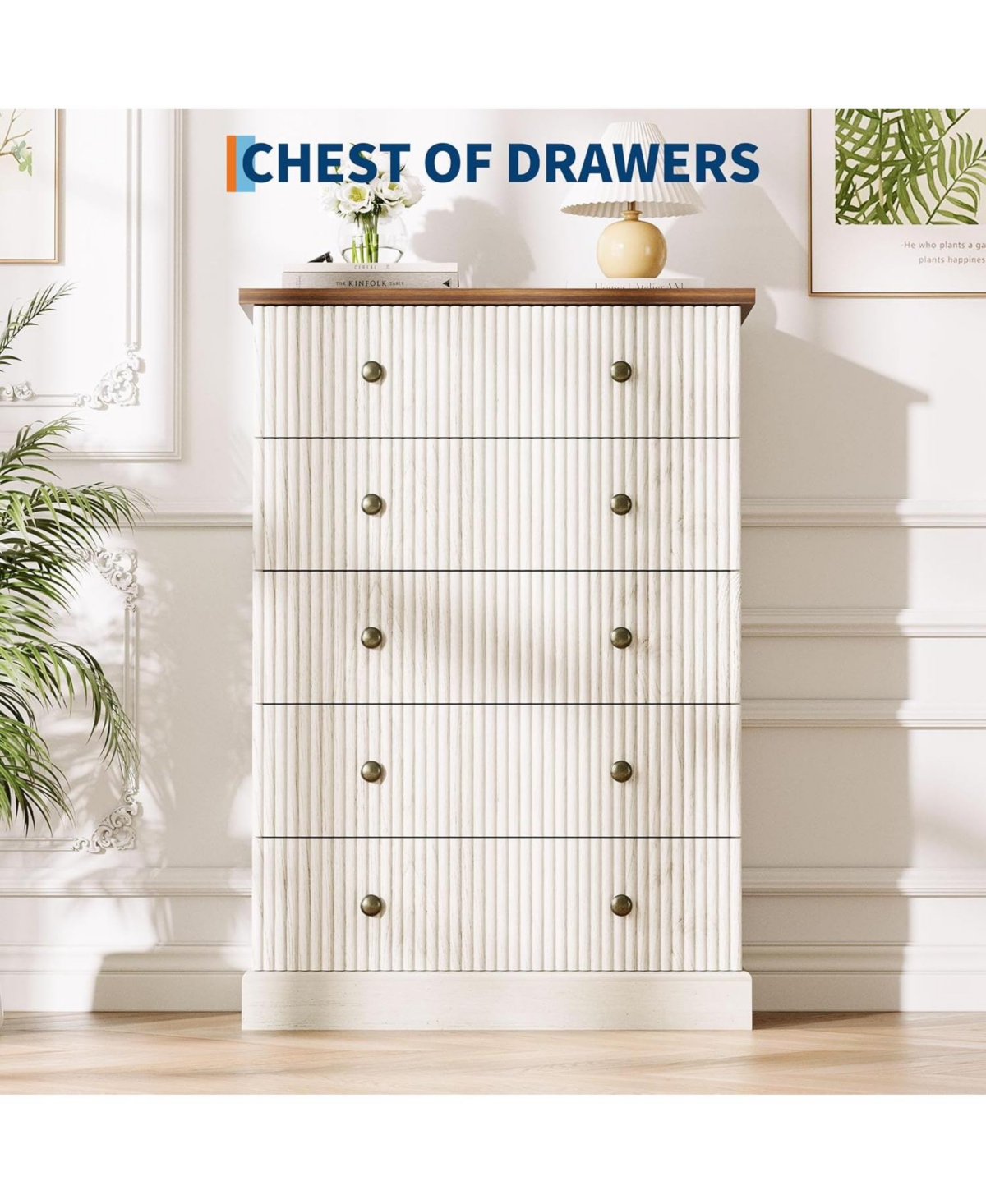 gaomon 5 Drawer Tall Wood Dresser with Metal Handles, Space-Saving Storage for Apartment