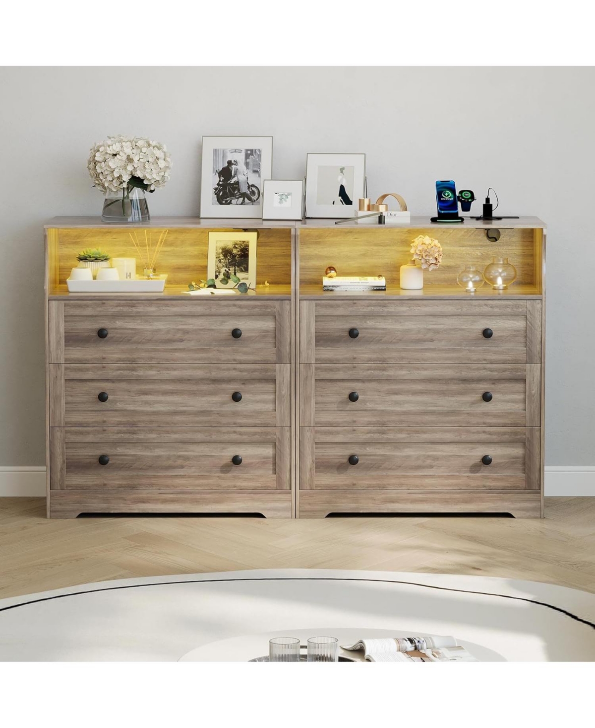 Gaomon Drawer Wood Nightstand with Led Lights & Charging Station, Bedside Chest for Bedroom, Closet