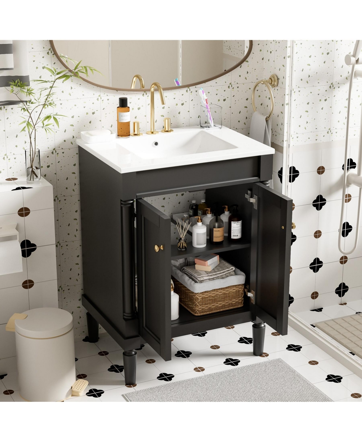 Phying 24 Inch Single Sink Bathroom Vanity Modern 2 Tier Storage Cabinet with Top Sink and Large Capacity Storage Shelves