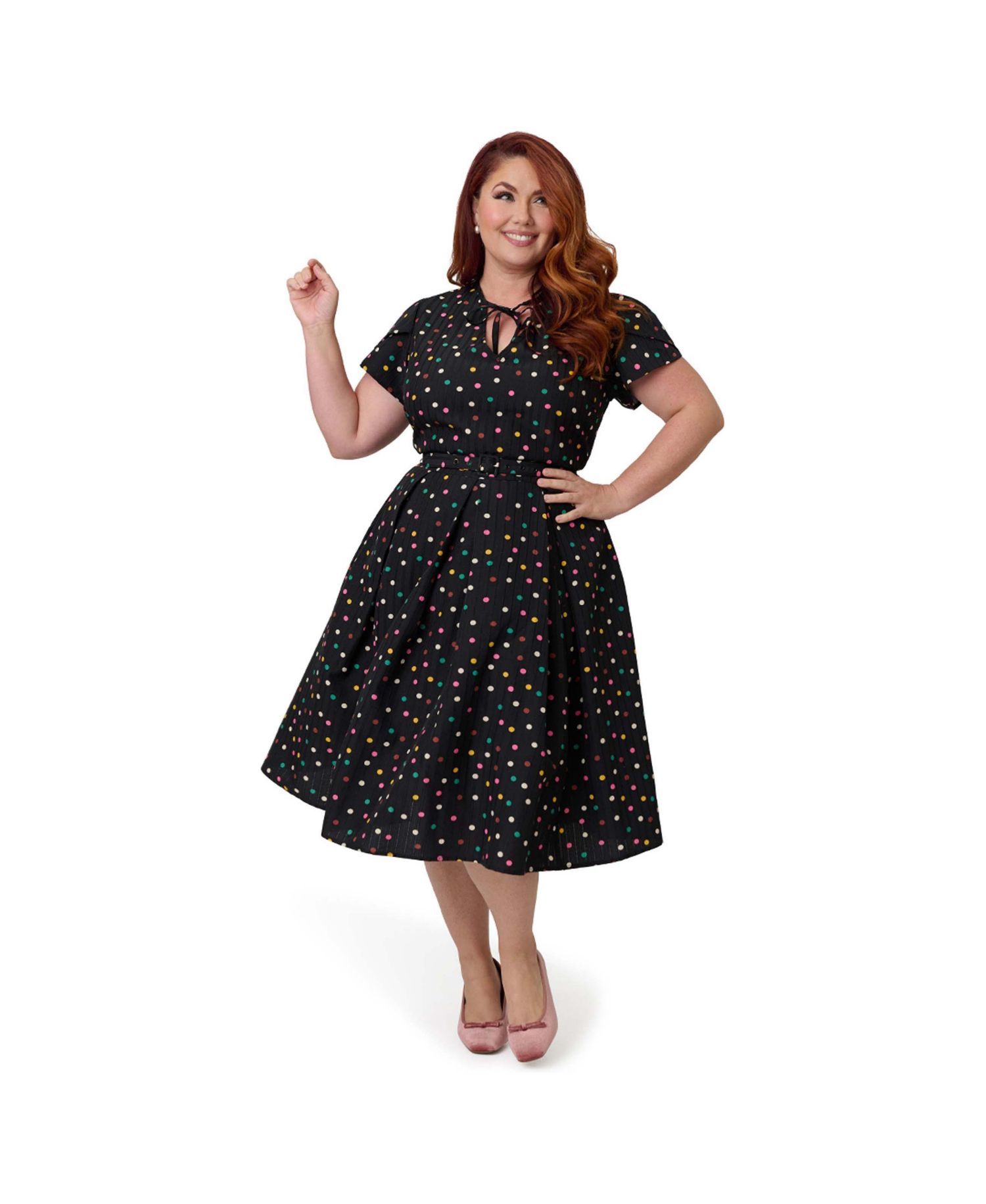 Plus Size Short Petal Sleeve Tie Neck Dahlia Swing Dress