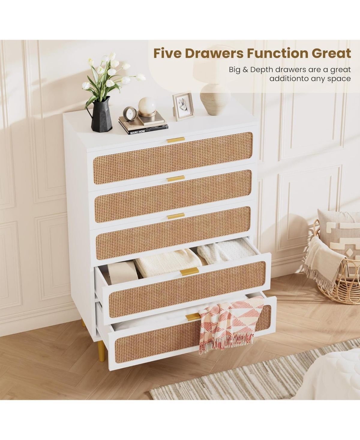 gaomon 5-Drawer Rattan Tall Dresser, Deep Storage Wood Chest