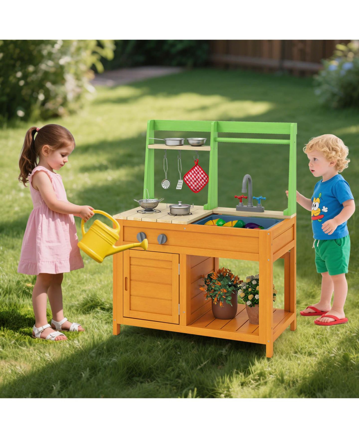 Детские игрушки Costway Wooden Mud Kitchen with Stoves, Sink and Oven, 10-Piece Set, Ages 3+, цвет: Жёлтый — фото 2