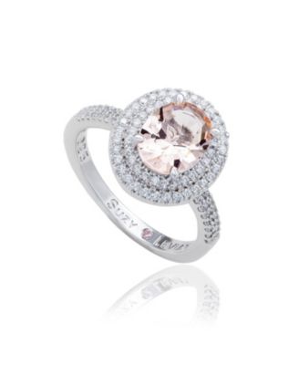 Suzy Levian Sterling Silver Oval Cubic Zirconia Pave Double Halo Ring