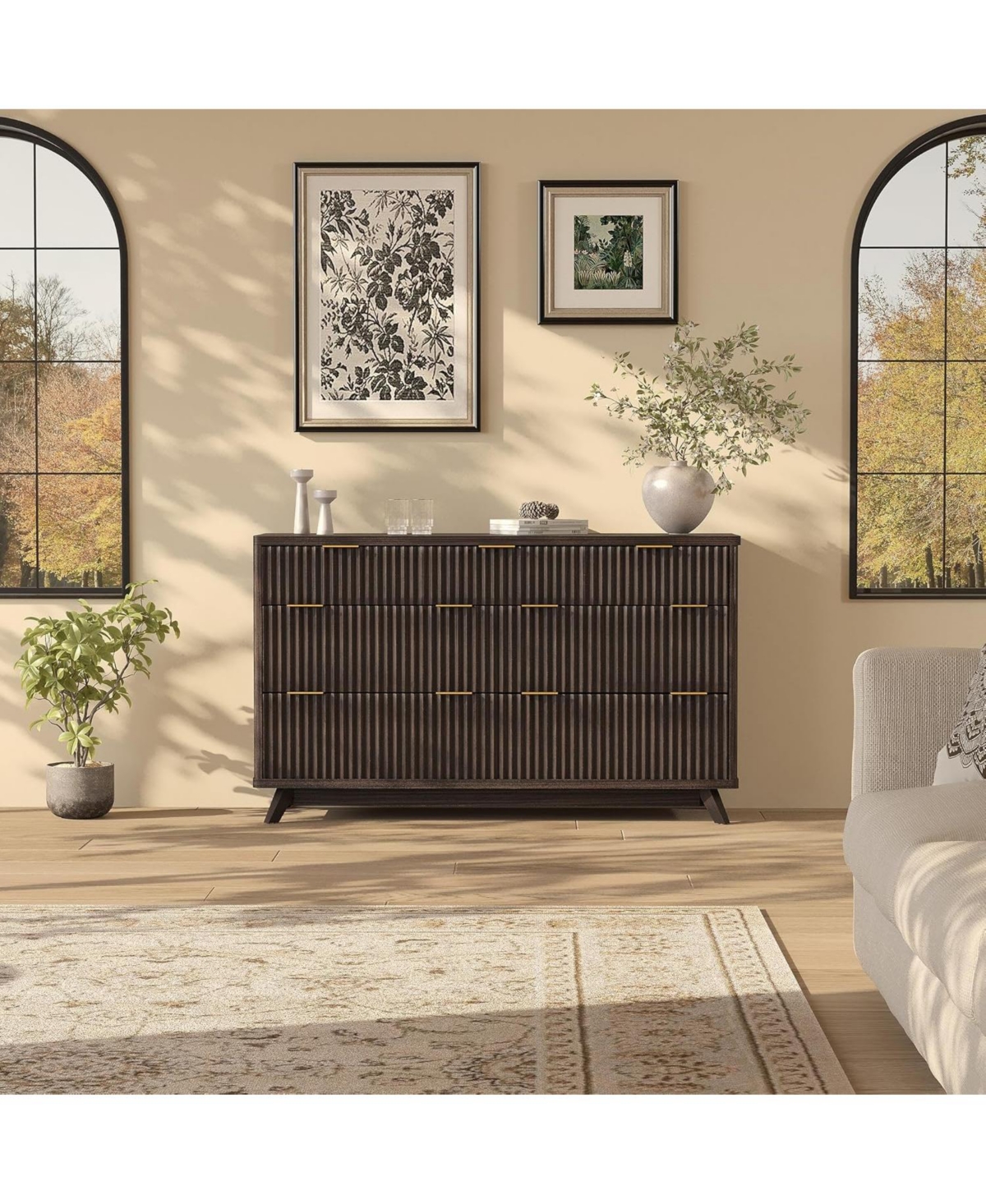 gaomon Drawer Fluted Wood Dresser, Curved Mid-Century Storage Cabinet for Bedroom, Living Room.