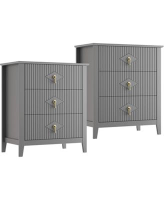 Mid-Century Nightstand Set of 2, 3 Drawer Wood Bedside Table.