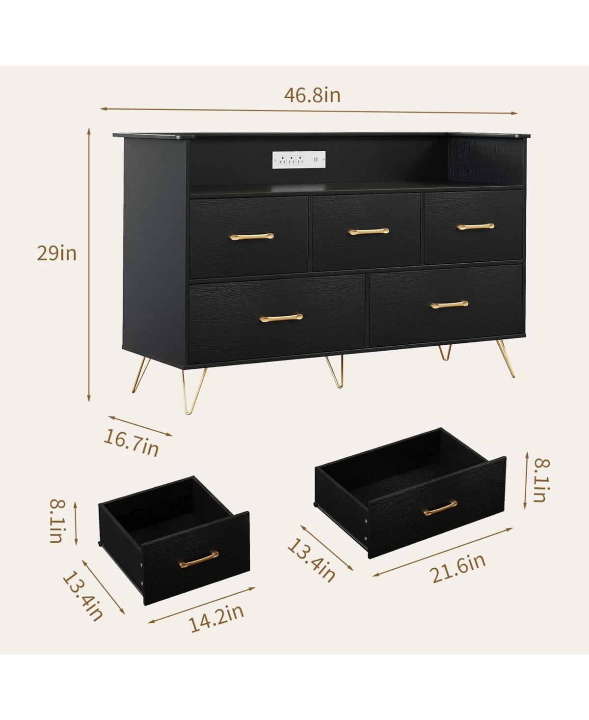 gaomon 47" Wide 5 Drawer Led Dresser with Charging Station, Modern Wood Chest for Bedroom, Nursery, Hallway