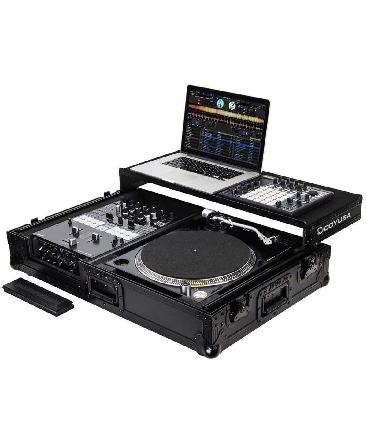 Odyssey Innovative Designs Black Label Low Profile Glide Style Series Coffin with Wheels for 10 Format Dj Mixer and One Turntable In Battle Position