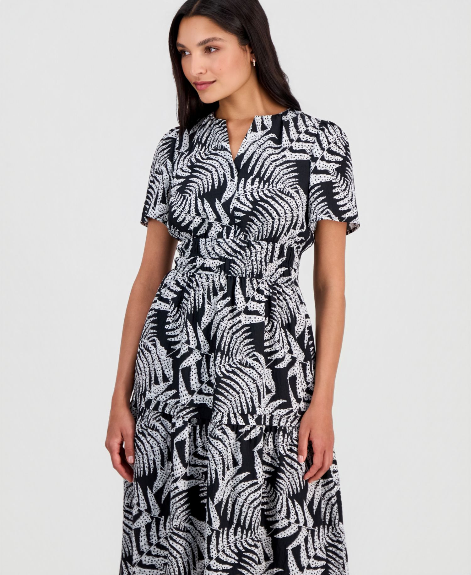 Women's Printed Smocked-Waist Short-Sleeve Midi Dress