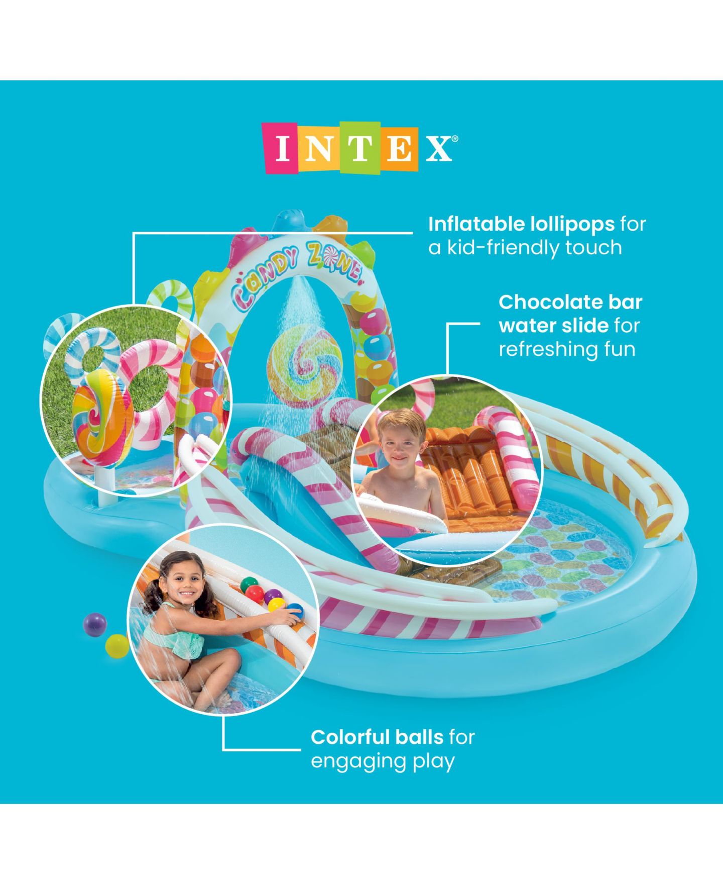 Детская игрушка Intex 9ft x 6ft x 51in Kids Inflatable Candy Zone Play Center Pool w/ Waterslide, цвет: Разноцветный — фото 10