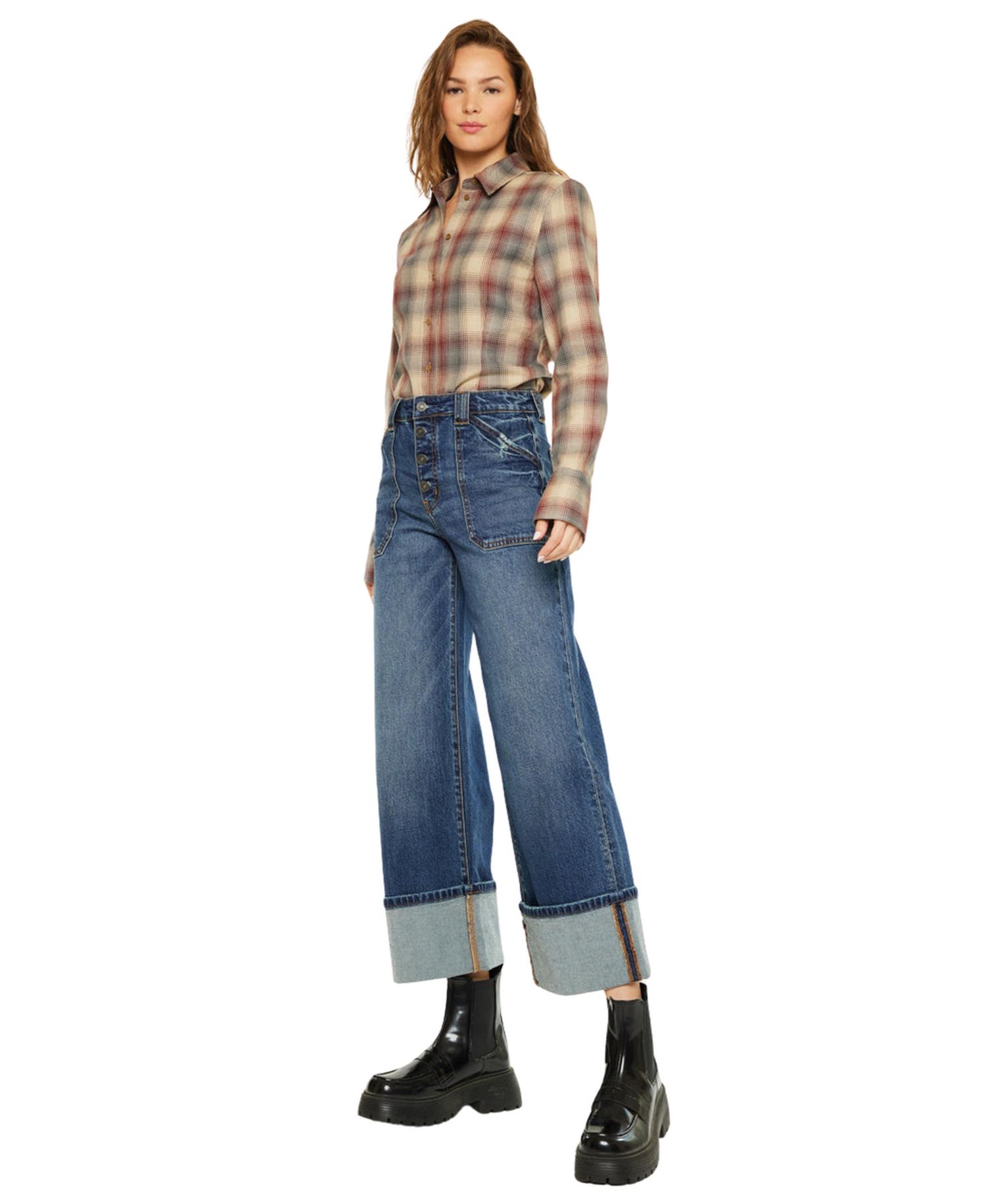 Women's High Rise Cuffed Wide Leg Jeans
