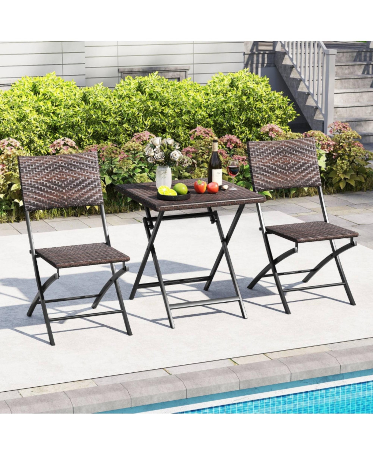 Clihome 3 Piece Rattan Bistro Set Outdoor Folding Dining Table and Chairs with Wicker Seat