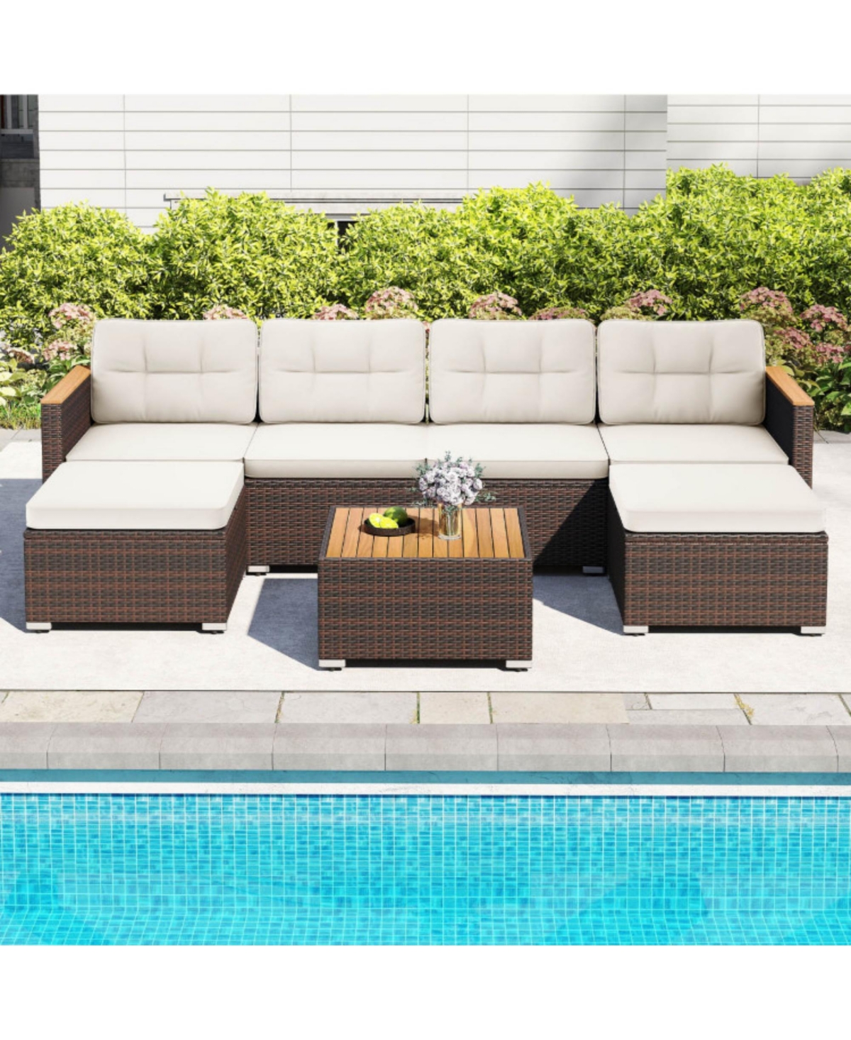 Clihome 7 Pieces Wicker Conversation Set with Wood Armrests for Backyard