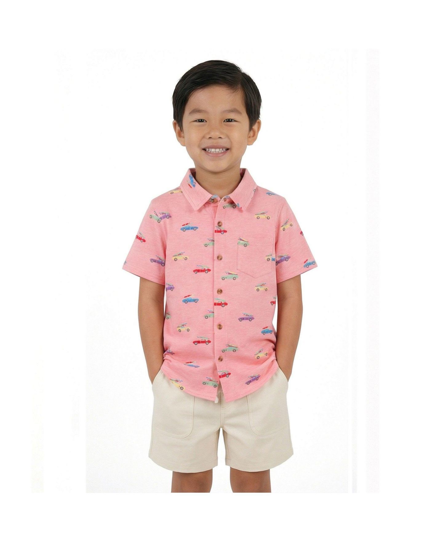 Комплект Andy & Evan Car Print Buttondown and Linen Short Set для мальчиков, цвет: Коралловый — фото 2