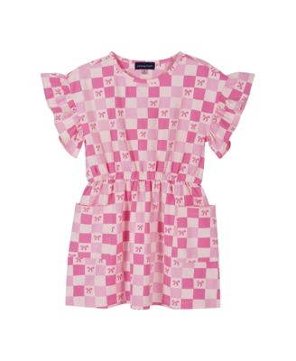 Toddler Girls Printed Checker Jersey Dress With Ruffle Sleeve