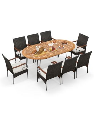 9 PCS Acacia Wood Table and 8 Patio Wicker Armchairs Patio Rattan Dining Set