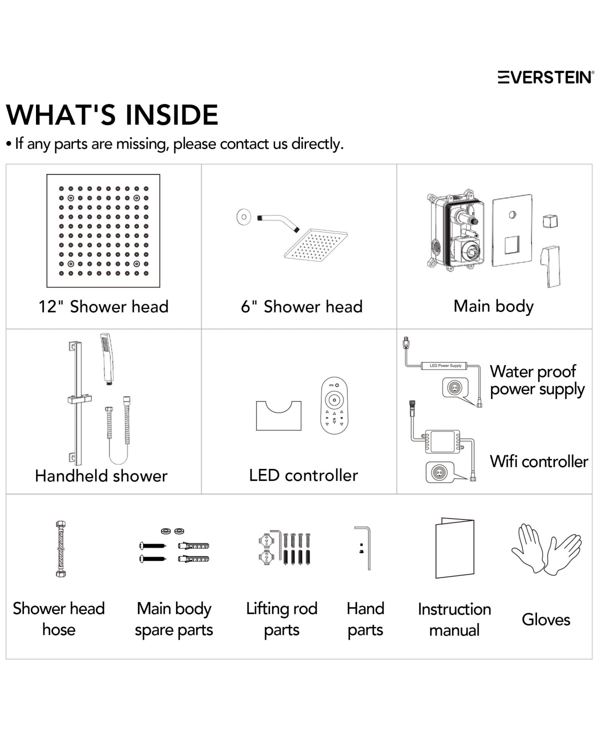 Everstrein Celling Mounted 12 in. Rainfall Led Shower System with 6 in. Shower Head Handheld Shower Faucet Set