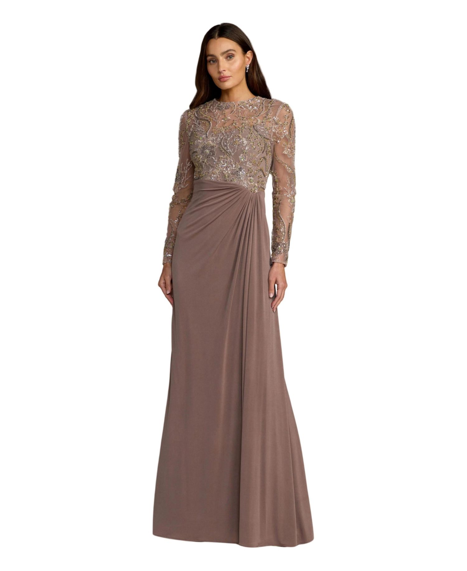 Women's Embroidered Long Sleeve Jersey Evening Gown