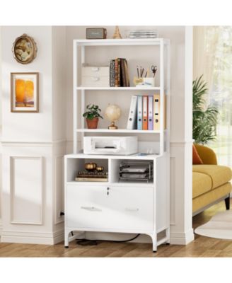 Hutch with Charging Station and  Lock Drawers Storage File Cabinet