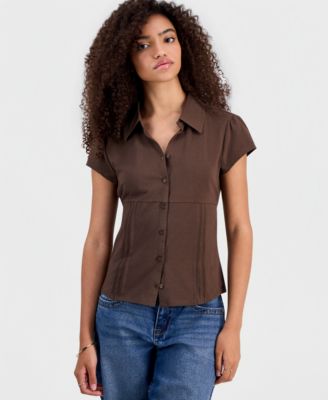Juniors' Pleat Detail Button-Front Top