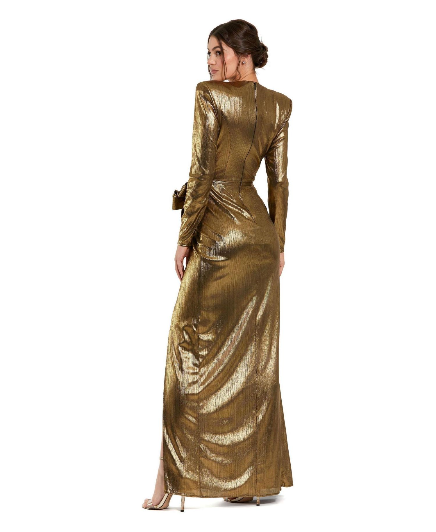 Petite Metallic Long Sleeve Gown With Bow