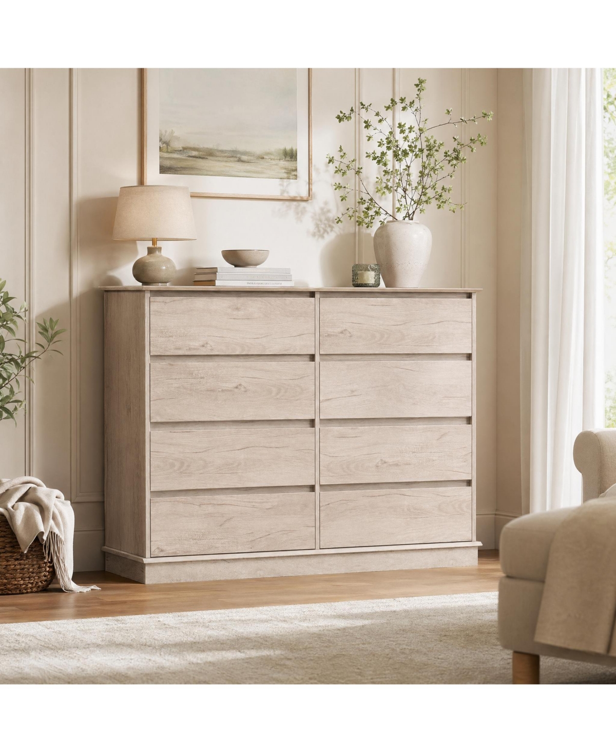 homfan Engineered Wood Dresser with Smooth-Glide Faux-Linen-Lined Drawers, Integrated Pulls and Wide Top, Raised Base for Stable Bedroom Storage