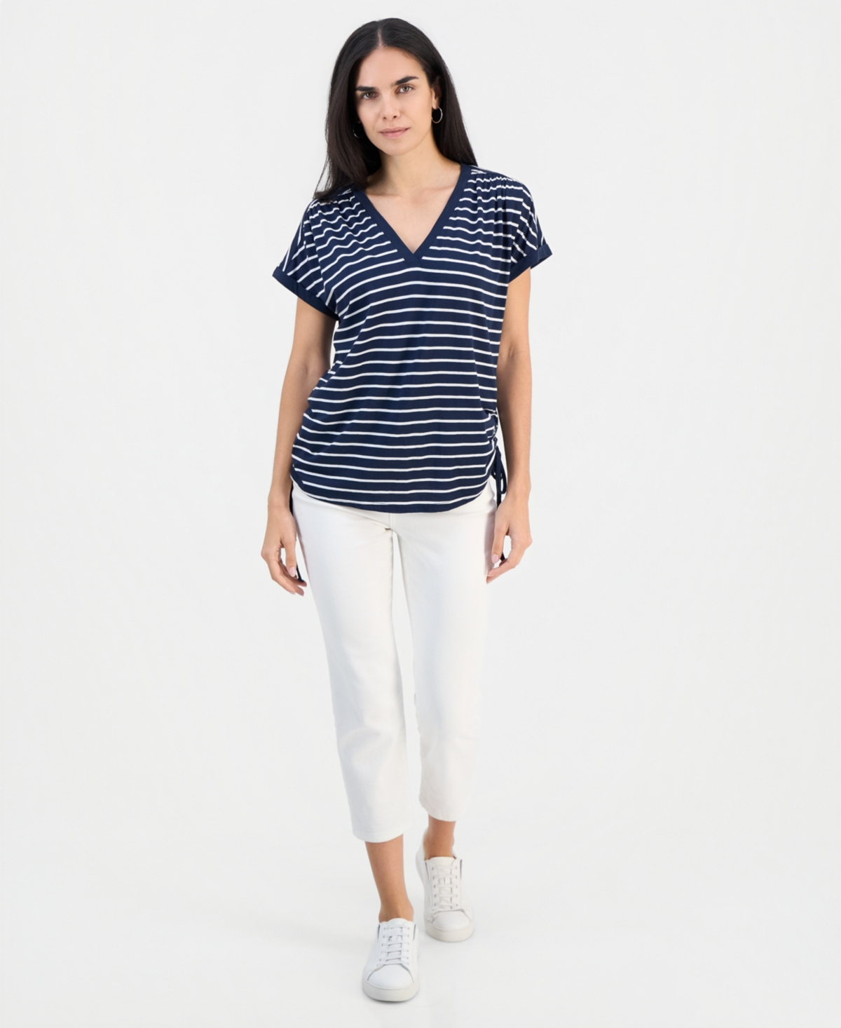 Style & Co Petite Striped Ruched-Side V-Neck Top, Macy's Exclusive