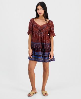 Petite Paisley Puff-Sleeve Mini Dress