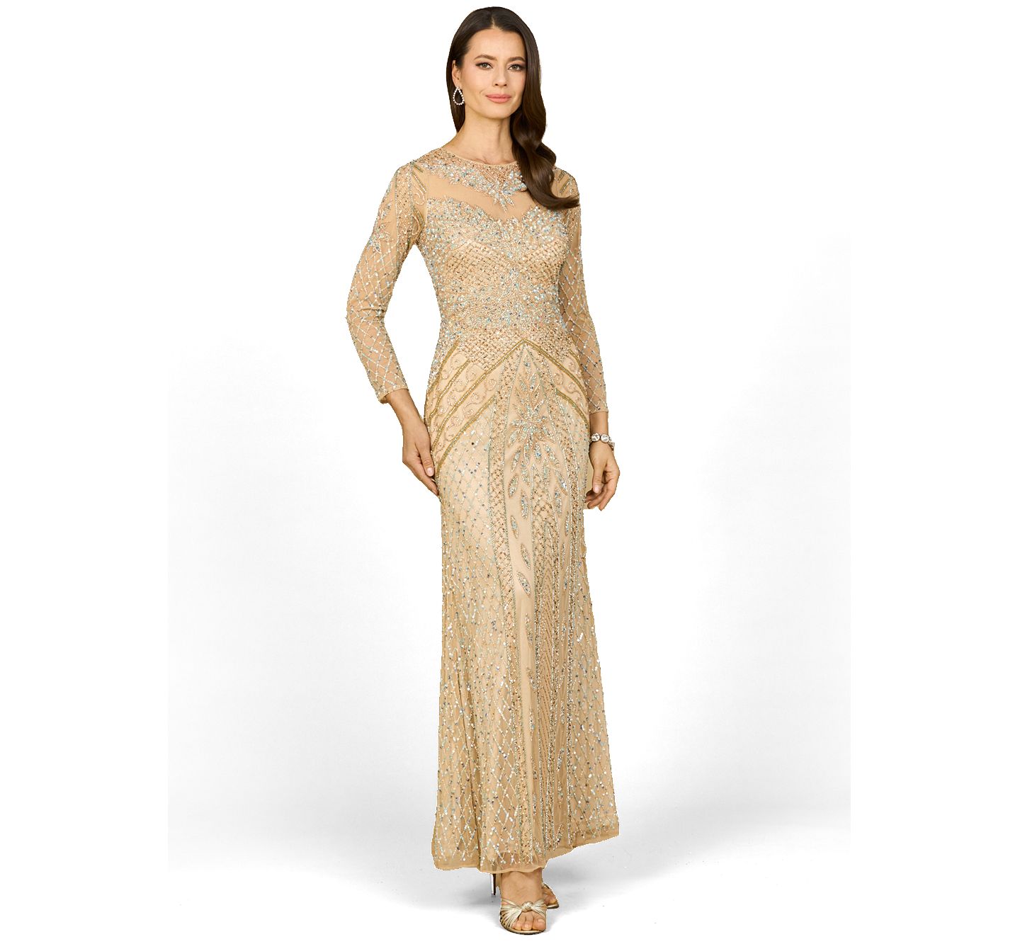 Женские платья Lara Illusion Neck Long Sleeve Beaded Gown, цвет: Телесный / Разноцветный — фото 1