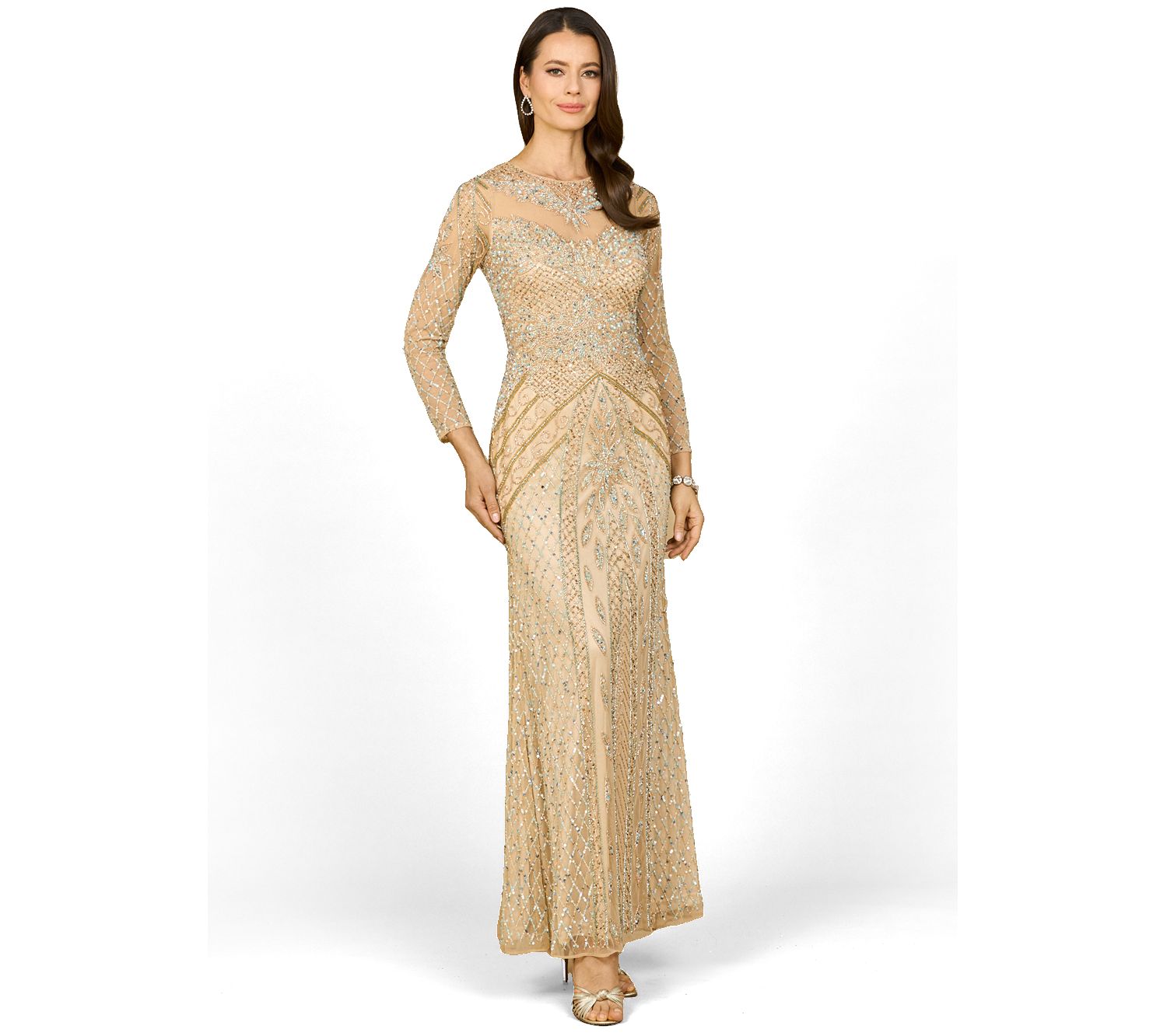 Women's Illusion Neck Long Sleeve Beaded Gown