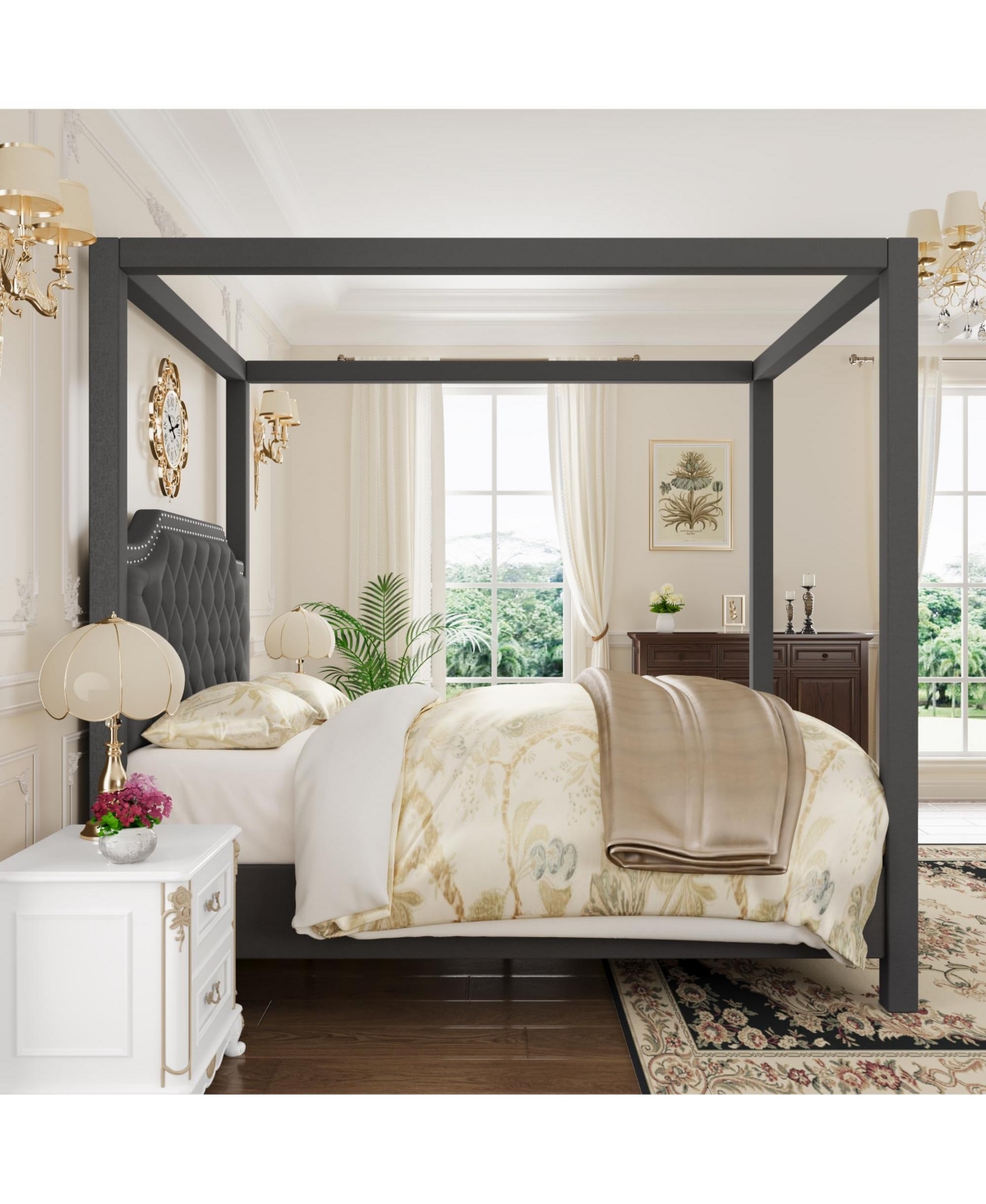 homfan Canopy Bed Frame with Nailhead Decoration Headboard,Upholstered Bed Frame with Poles 4 Corner Bed Bracket, Wood Slats Support