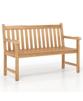 Teak Porch Bench 2-Person Solid Wood Garden Patio Bench w/ Backrest and Armrests