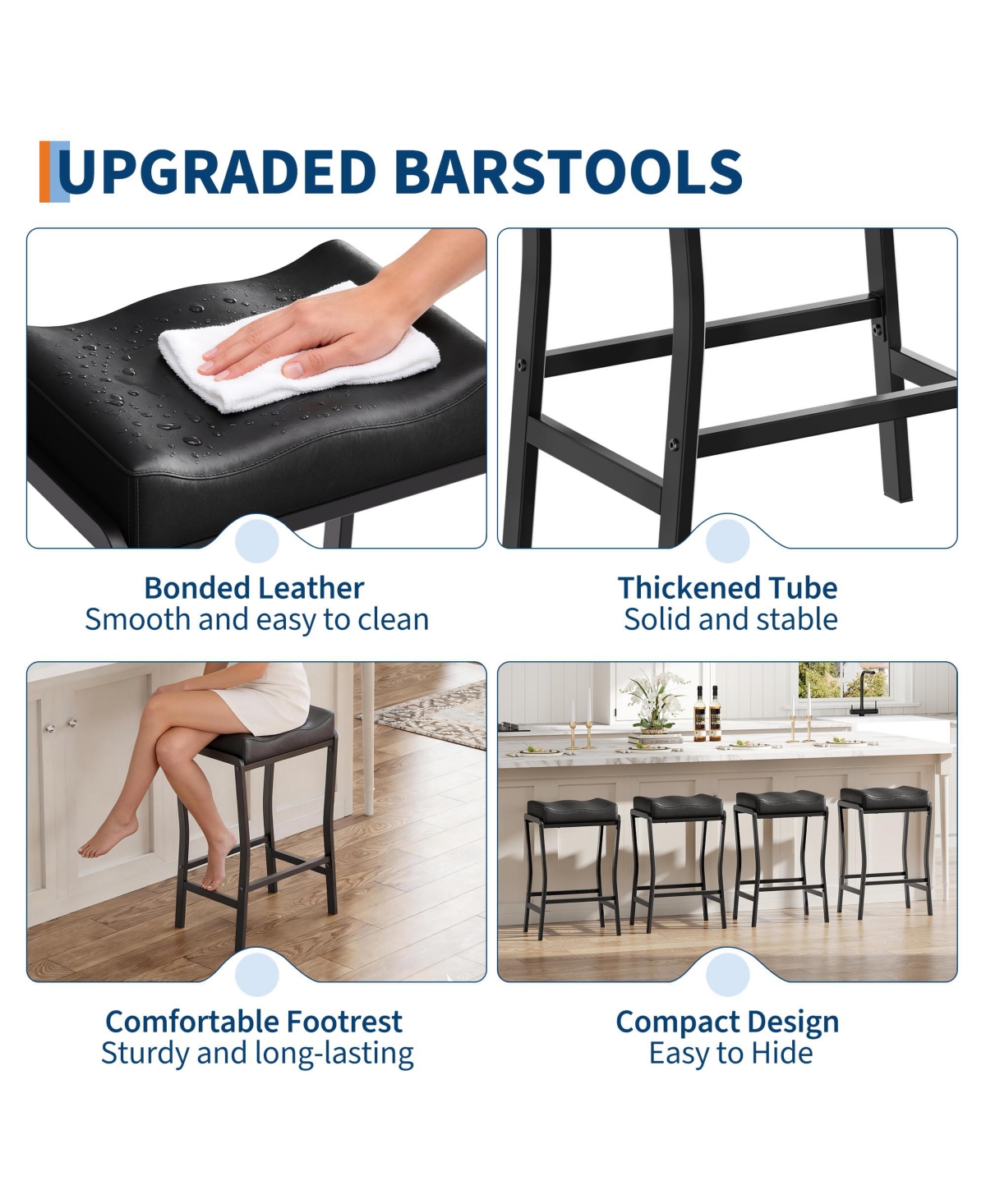 gaomon Modern Counter Height Bar Stools Set of 4 – 26'' Saddle Seat – Thick Padded Faux Leather – Sturdy Metal Frame and Footrest